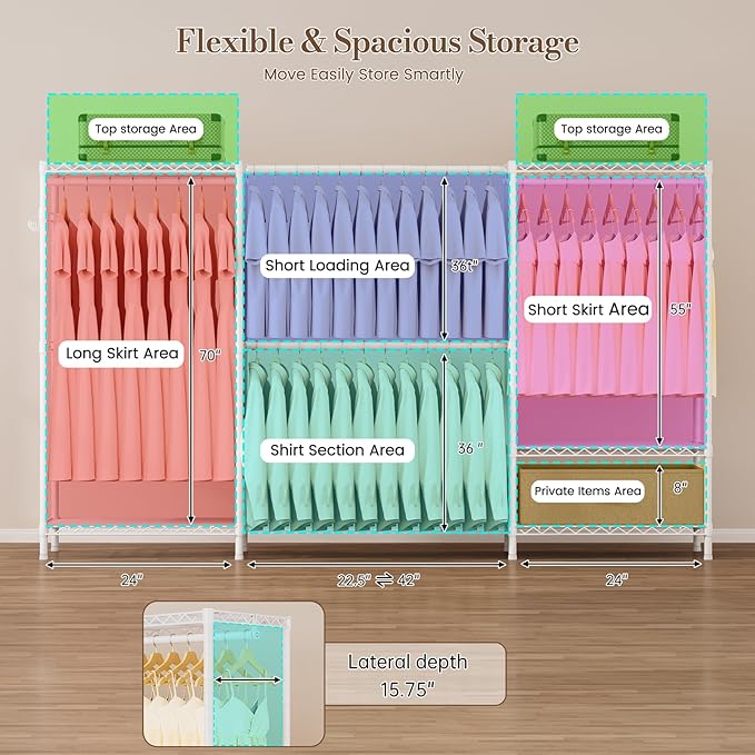 Golpart Coat Rack Clothes Wardrobe：Closet Organizer and Storage Clothing Garment Rack with Shelves Heavy Duty for Hanging Clothes Portable Adjustable White 15.8" DX69 WX76.5 H
