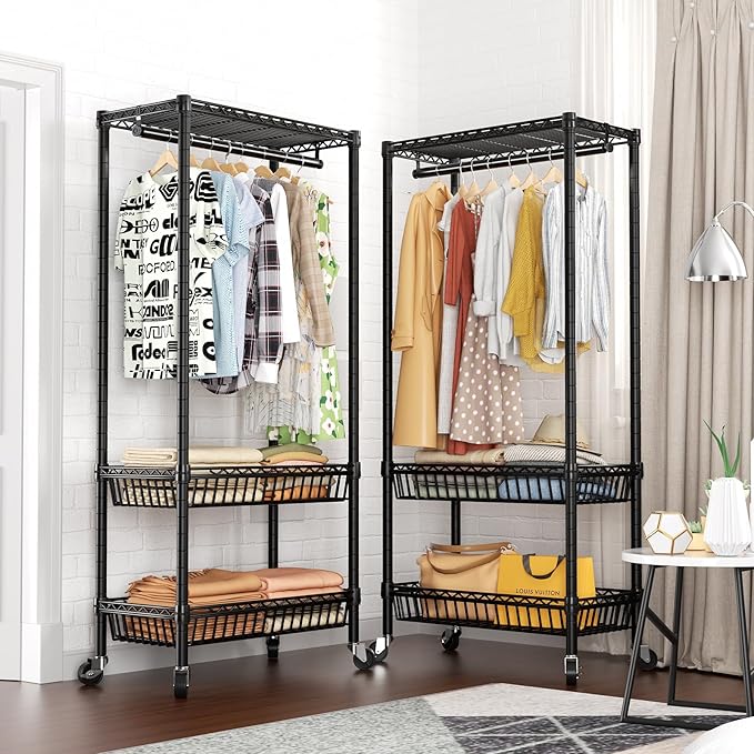 Heavy Duty Clothes Rack Rolling Garment Rack,3 Tier Adjustable Wire Shelving Clothing Racks for Hanging Clothes with Double Rods&Side Hooks,Freestanding Wardrobe Storage Rack Metal Portable Closet