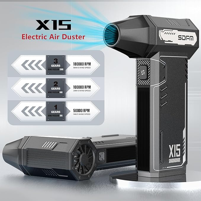 SDFM Compressed Air Duster - 180,000 RPM Snow Blower - with Brushless Motor, 3-Gear Adjustable Air Duster - for Keyboard, PC, Car, Air Bed, and Home Cleaning (X15)