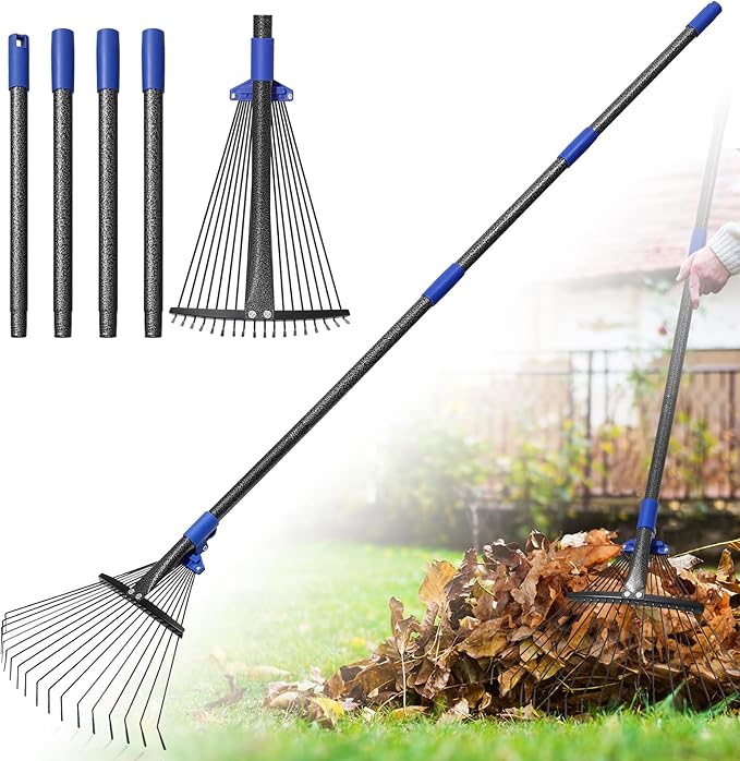 Rake for Leaves: Adjustable Metal Leaf Rake for Lawn, 8-17" Expandable Head, 65” Long Handle,Collapsible Heavy Duty Women Kids Garden Rakes for Yard Pine Needles Mulch Grass Debris Gardening Camping