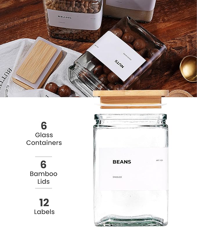 APT 1101 26 oz Glass Storage Jars with Bamboo Lid, set of 6, glass canisters with airtight lids, Clear jars with lids for Cookie, Candy, Tea, Coffee Bean and Rice (White)