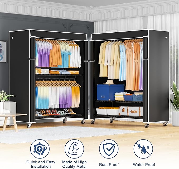 ULIFHOME P8C Max Heavy Duty Clothes Rack（With Extended Width Design） Rolling Clothing Racks for Hanging Clothes with Lockable Wheels，51.2"W x 15.8"D x 80.5"H，Load 700LBS，Black Rack with Black Cover