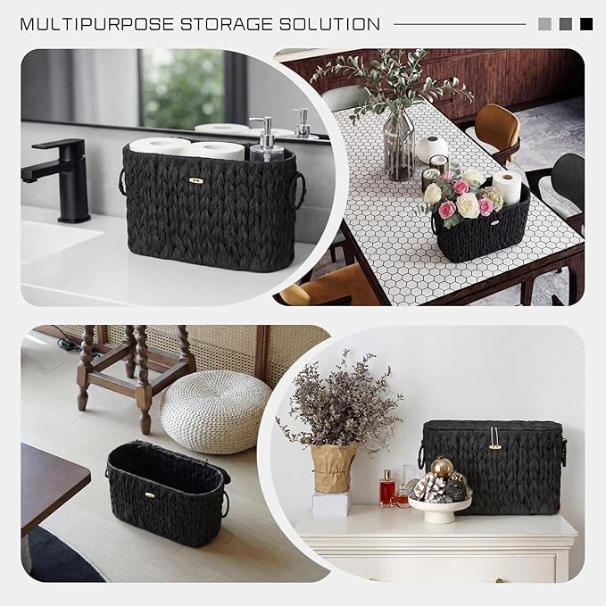 Kathfly Black Toilet Paper Storage Basket with Lid Wicker Woven Bathroom Basket Toilet Paper Holder Holds up to 6 Mega Rolls Woven Organizer for Home Bathroom Kitchen Offices