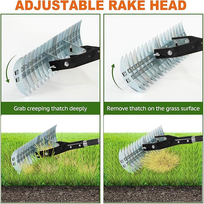 Thatch Rake,15" Lawn Dethatcher Rakes,Dead Grass Remover,Manual Dethatching Rake with Adjustable Length Handle,Scarifier Rake,Thatching Rakes for Lawns Grass Loosening Soil