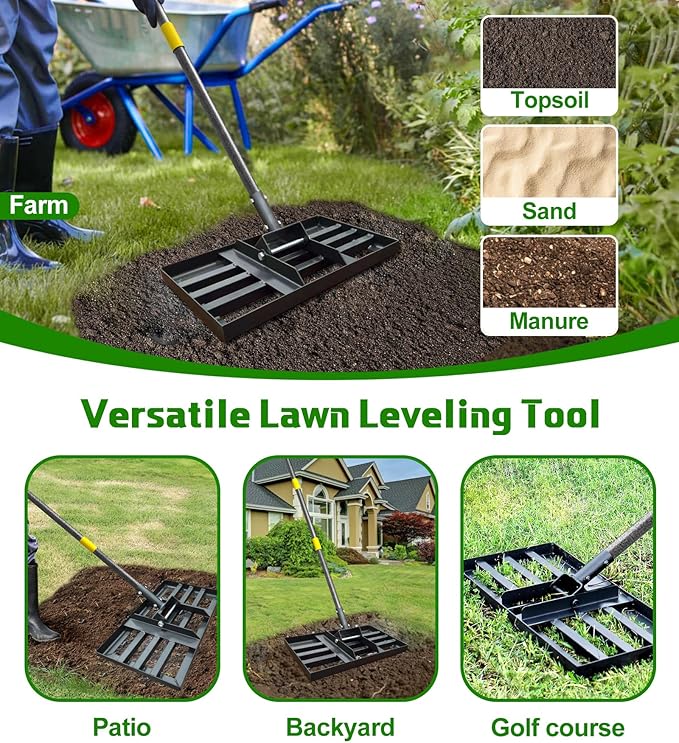 Lawn Leveling Rake 17x10 Inch , Heavy-Duty Yard Leveling Rake 6.2FT Leveler Tool for Soil, Sand & Topsoil, Backyard, Garden, Golf Course