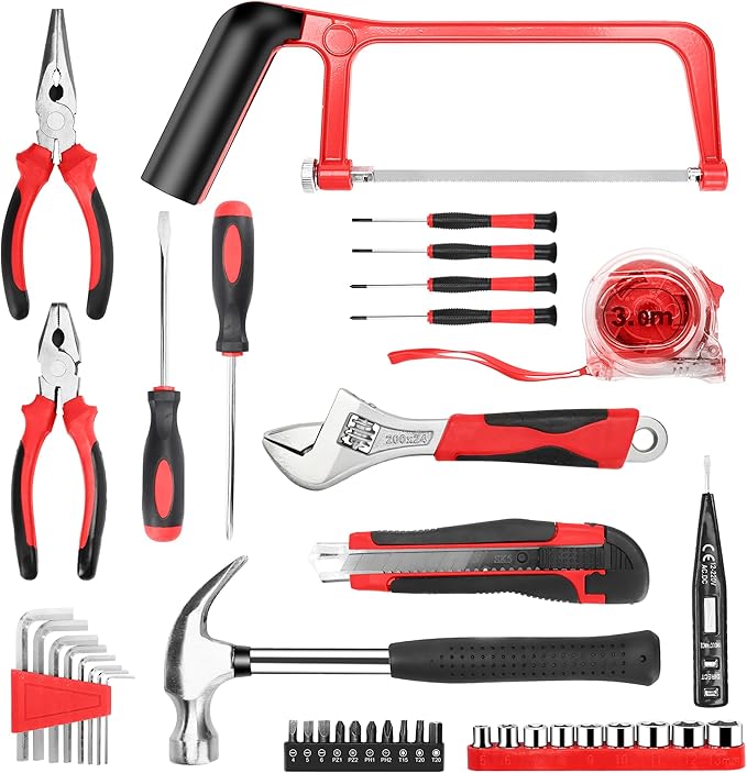 43 in 1 Household Tool Set with 3.6V USB Cordless Electric Screwdriver,Home Tool Kit with Cordless Drill Driver(Red)