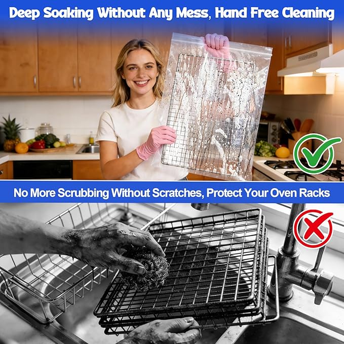 Juome Oven Rack Cleaning Bags, 5 Pack Reusable No Scrub Oven Rack Cleaning Bags Kit with 6 Gloves & 1 Brush, Leak Proof PE Bags (19.7*27.5inch & 23.6*35.4inch) for Deep Soaking BBQ Racks, Grill Grates