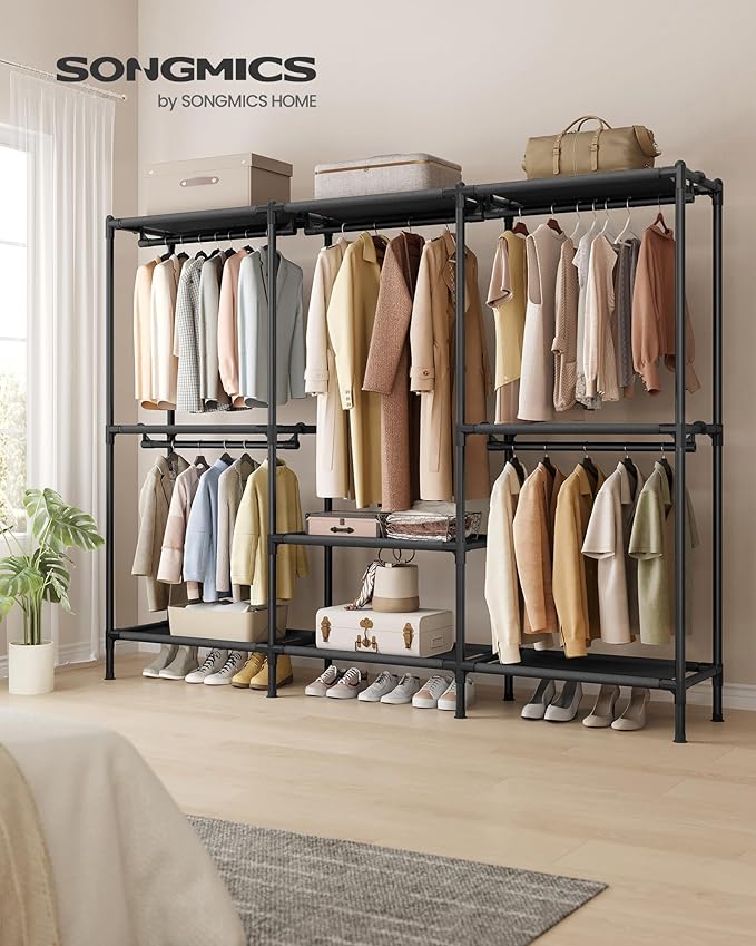 SONGMICS Clothes Rack, Portable Closet, Heavy-Duty Wardrobe Closet Organizer with Hanging Rails and Shelves, 79.9 Inches Tall, Total Load 297 lb, Easy Assembly, for Bedroom, Ink Black URDR212BZ01