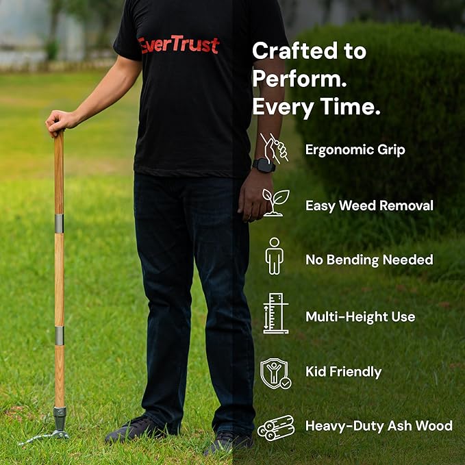 4-Claw Stand Up Weed Puller Tool with Long Handle - Adjustable 30"- 44" Heavy Duty Metal Head Weeder Tool with American Ashwood Handle, Easy Gardening Weed Removal, No Bending or Kneeling