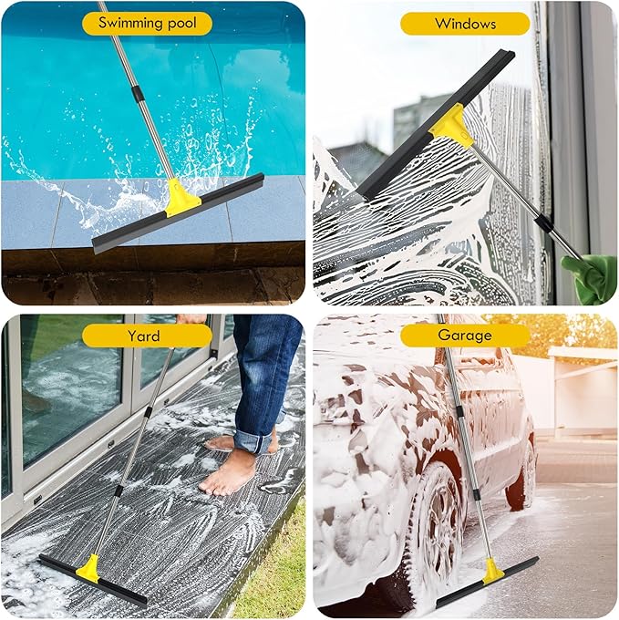 Floor Squeegee for Concrete and Tile Cleaning, 30'' Heavy Duty Rubber Wiper with 60'' Long Adjustable Handle Water Scraper for Bathroom Shower Glass Garage Glass Window(Yellow