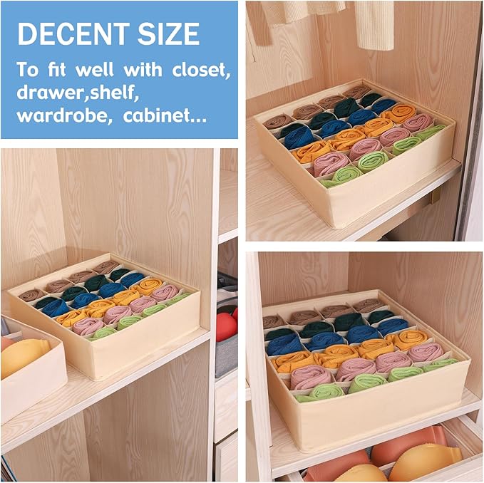 Foldable Storage Cubes Drawer Underwear Organizer Dividers， under Cabinet Organizer 24-Cell Fabric Storage Boxes for Lingerie,Socks,Ties（Creamy-White）