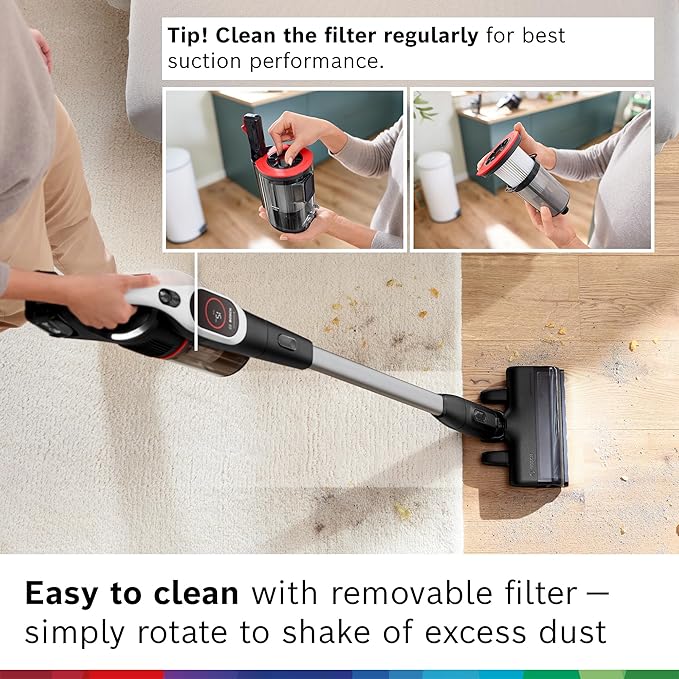 Bosch Unlimited 9 Cordless Stick Vacuum, 60-min Runtime, MicroClean Technology, >99.9% Dust Pickup, Dust Compression, HEPA Filter, Pet Hair, Carpets & Hard Floors, 3 Accessories, White