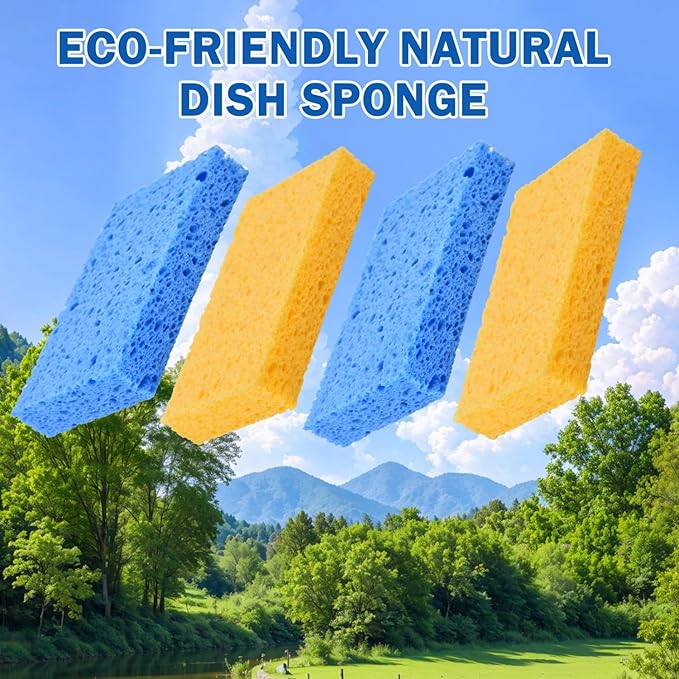 YoleShy Sponges Kitchen 10 Pack Natural Compressed Cellulose Sponges for Dishes Non Scratch for Household Cookware Bathroom Cars Soft Super Absorbent Reusable, Blue and Yellow