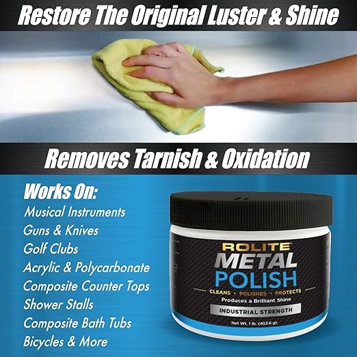 Rolite Metal Polish Paste, 4.5 oz, Industrial Strength Scratch Remover & Cleaner for Aluminum, Chrome, Stainless Steel, Restores Shine to All Metals, Heavy-Duty Polishing Paste