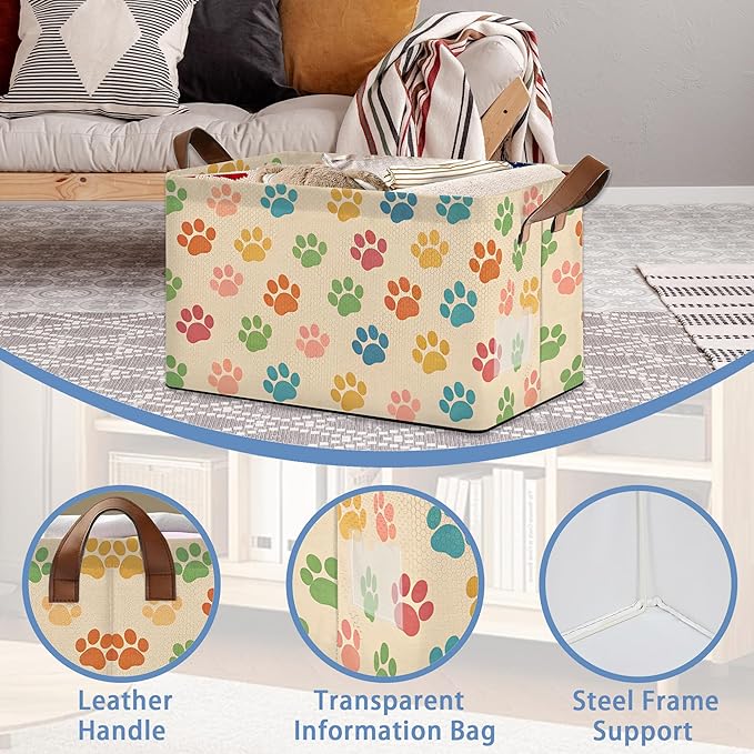 Colorful Cat Dog Paws Collapsible Storage Box,Organizer Bin with Handles for Room Decoration,Bins Book Basket Box 17x11.5x10Inch
