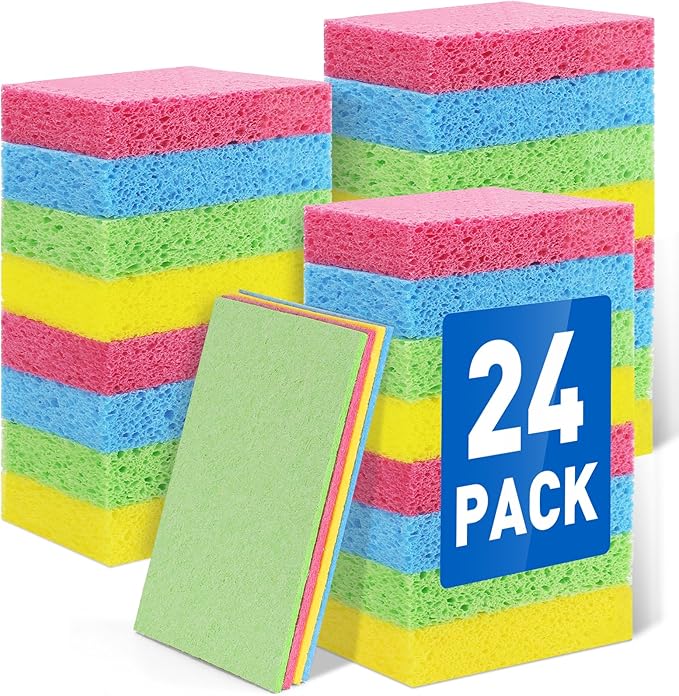 24 Pack Compressed Cellulose Sponge, Non Scratch Kitchen Sponges for Dish Cleaning, Multipurpose Household Cleaning Sponge for Kitchens, Bathrooms, Cars