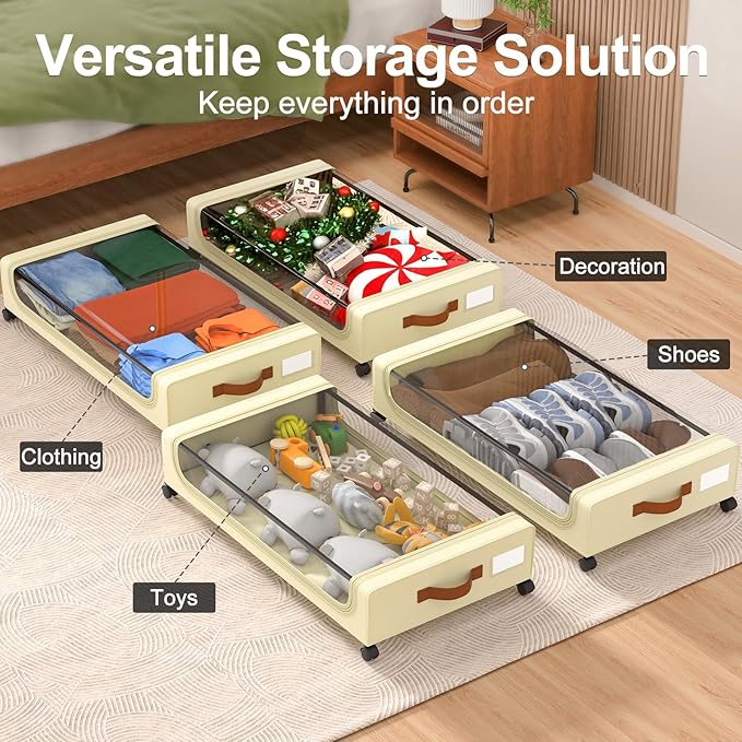 GoMaihe Under Bed Storage with Wheels: 48L Underbed Storage Containers with Lids - Rolling Bins for Shoes Clothes in Dorm Bedroom - Metal Drawers Easy Pull-out Beige 2-Pack