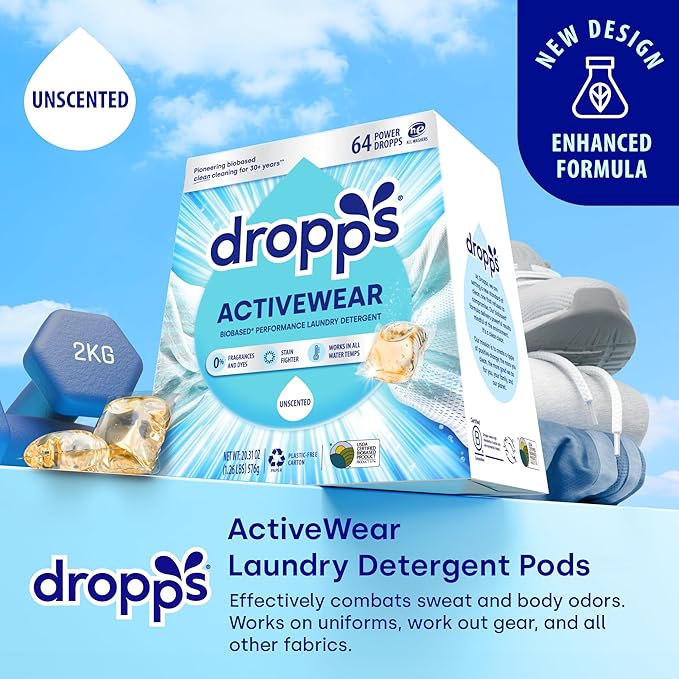 Dropps Activewear Laundry Detergent Pods, Unscented (64 Count) - Free & Clear | Fights Sweat & Body Odors | For Synthetic Workout Clothes | Clean Ingredients | Plastic Free Packaging