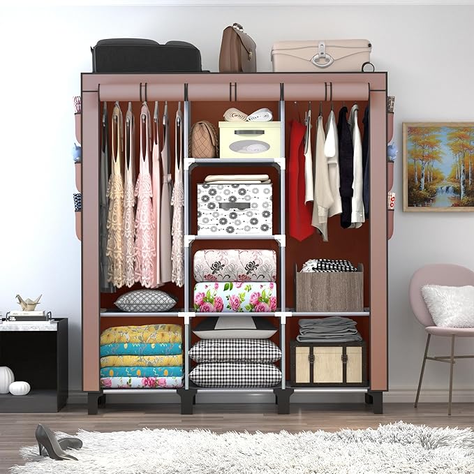 Portable Wardrobe with 10 Storage Racks and 2 Hanging Poles 6 Side Pockets Fleece Cover, Size 130 x 45 x 172 cm, Bedroom Closet Organizer (Coffee)
