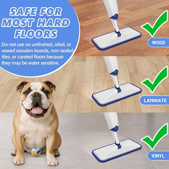 HOMTOYOU Microfiber Flat Mop with Sprayer: Spray Mop with 4 Washable Pads for Cleaning Multi-Surface Floors - 1Pcs 400+ML Refillable Bottle