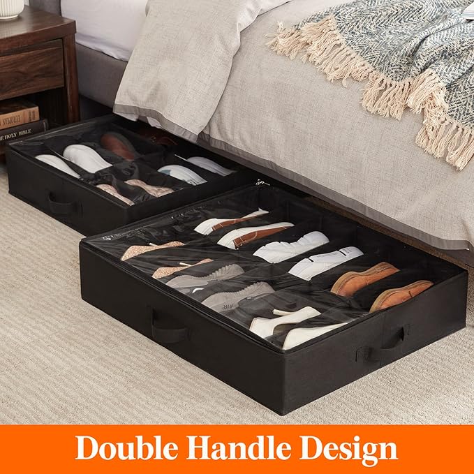 Lifewit Under Bed Shoe Storage Organizer Set of 2, 4.3 Inches Tall Low Profile Fabric Shoes Container Box with Clear Cover, Foldable Storage Bag with 2 Handles, Total Fits 24 Pairs of Shoes, Black
