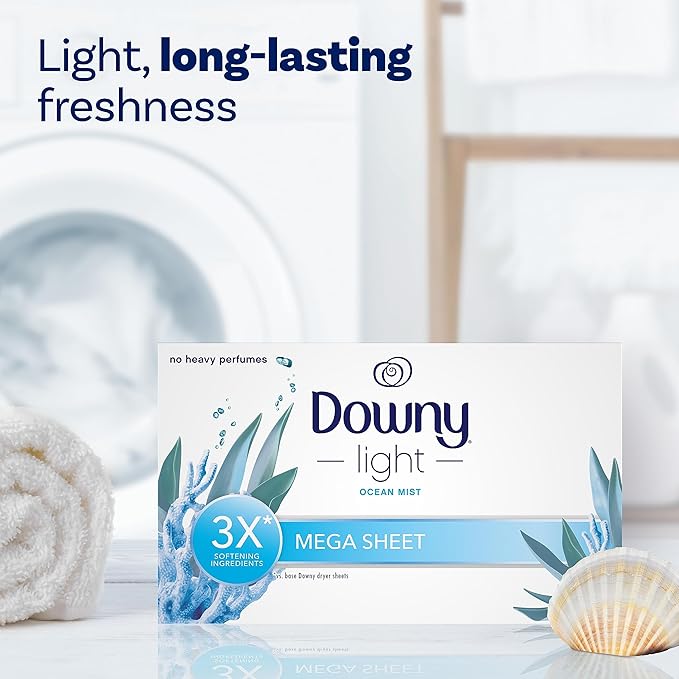 Downy Light Mega Dryer Sheets, Laundry Fabric Softener, Ocean Mist, 130 Count