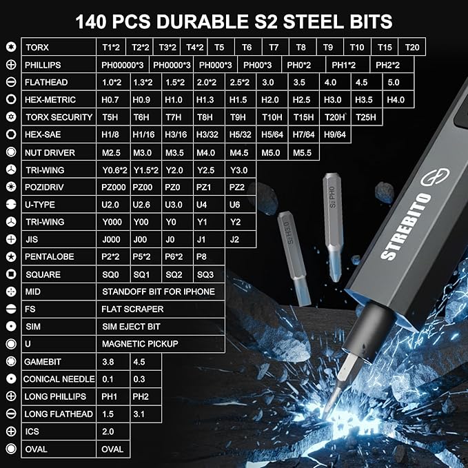 STREBITO 155 in 1 Mini Electric Screwdriver Set, Upgraded Small Electric Screwdriver Cordless, 5 Torque Settings, Max 7 N.m, Electronic Power Screwdriver Repair Tool Kit for Mac, Computer Pc Building