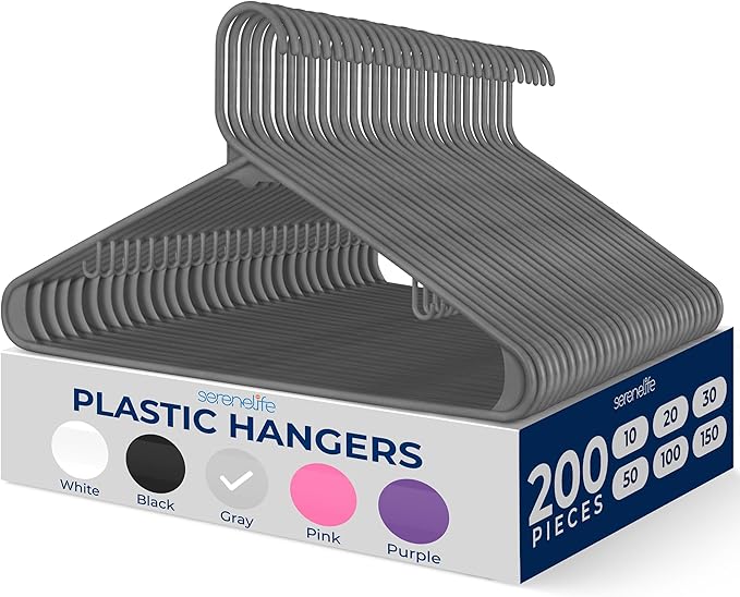 SereneLife 200 Pack Plastic Hangers, Non-Slip, Space-Saving Closet Organizers, Durable and Strong for Shirts, Sweaters, Hoodies, Kids Clothes & Dresses, Ultra-Thin, Lightweight