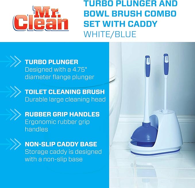 Mr. Clean Toilet Plunger and Bowl Brush Combo with Caddy, 3-Piece Heavy-Duty Plunger, Toilet Brush, and Caddy Set, White/Blue