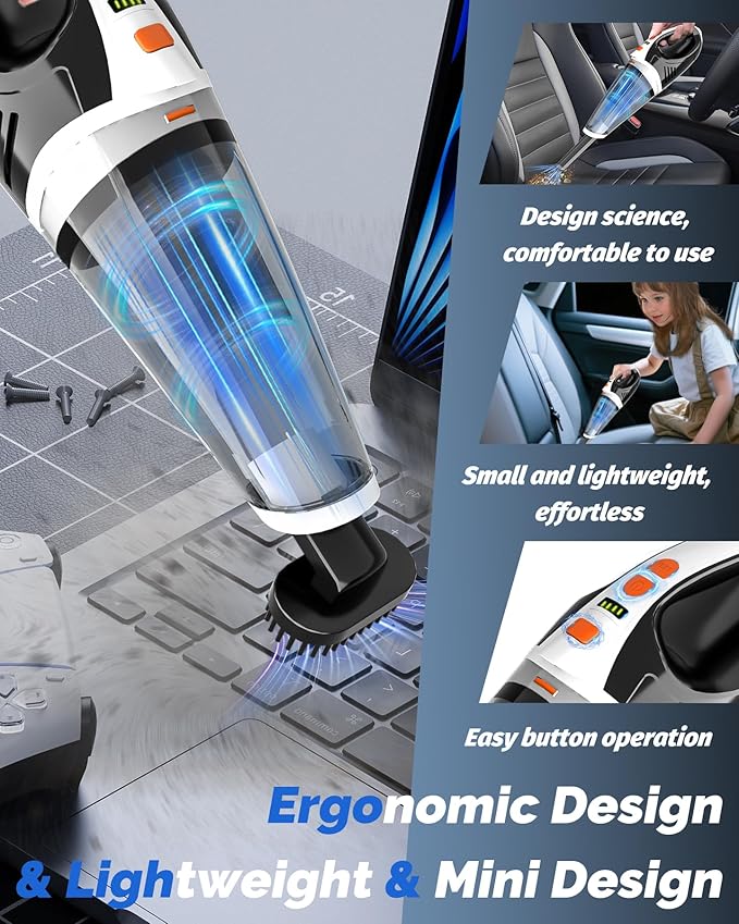 Handheld Vacuum Cordless, Brushless Car Vacuum Cleaner with 12000PA Powerful Suction, 2 Suction Modes Mini Hand Vacuum, Dry & Wet, Portable Vacuum for Car Pet Hair, Home, Office, Keyboards