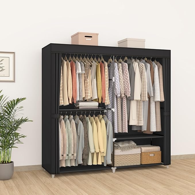MOGELAFOO 62.5" Closet Wardrobe, Portable Closet for Bedroom, Freestanding Clothes Rack with Non-Woven Fabric Cover, 3 Hanging Rods, 4 Storage Shelves, Clothes Storage Organizer, Black