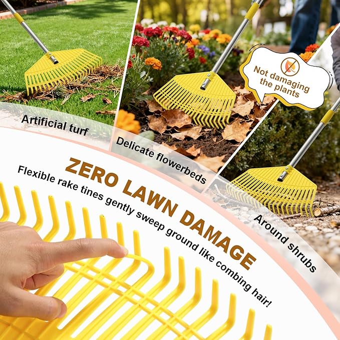Leaf Rake - 17" Wide Nylon Plastic Head,51" Adjustable Stainless Steel Handle,Heavy Duty Gardening Leaves Rake Tools for Garden Lawns,Yard,Shrub,Grass - Lightweight for Women,Seniors & Kids