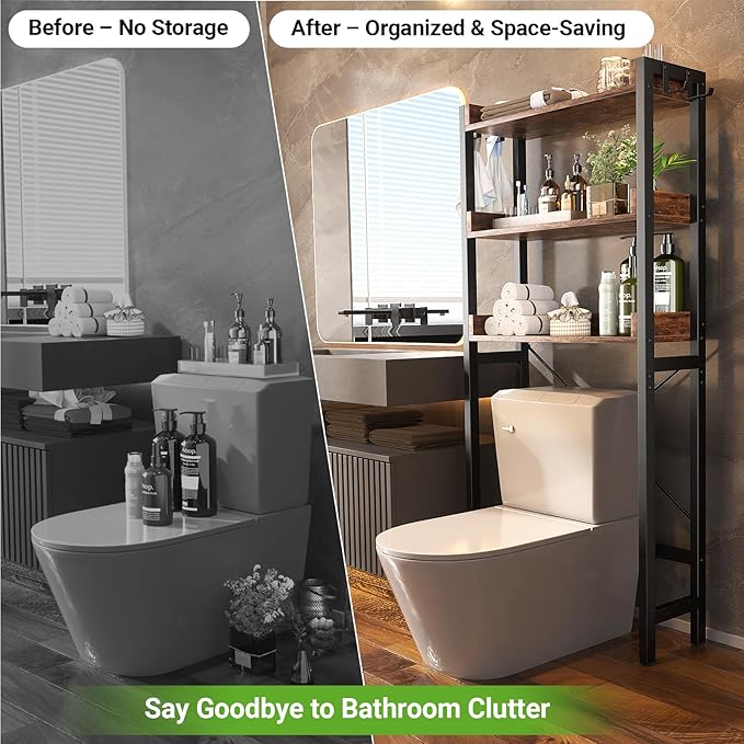 Besiost Over The Toilet Storage Rack - 3 Tier Bathroom Organizer with Shelves, Freestanding Space Saver Storage Rack Above Toilet Stand with 4 Hooks for Restroom, Laundry, Rustic Brown