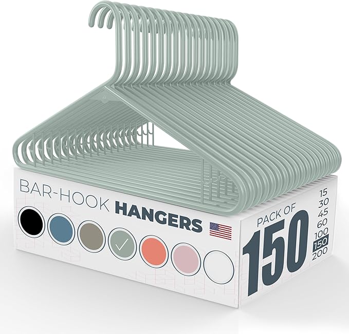 Neaties Plastic Hangers 100+ Pack (150 Count) – Made in the USA – 6lb Capacity Standard Clothes Hangers with Strap Hooks for Dresses, Lingerie, Shirts, Pants, and Jackets – Mint