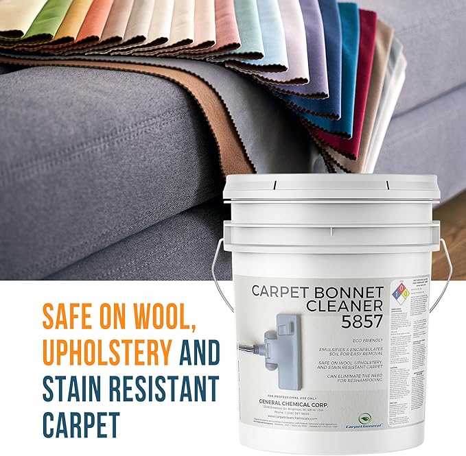 Bonnet Cleaner 5857 - Heavy Duty Shampoo Carpet Freshener Solution for Machine - Fast Drying & Pet Safe Carpet Shampoo for Rotary Cleaners, Commercial, & Industrial Use - 5 Gallon Pail