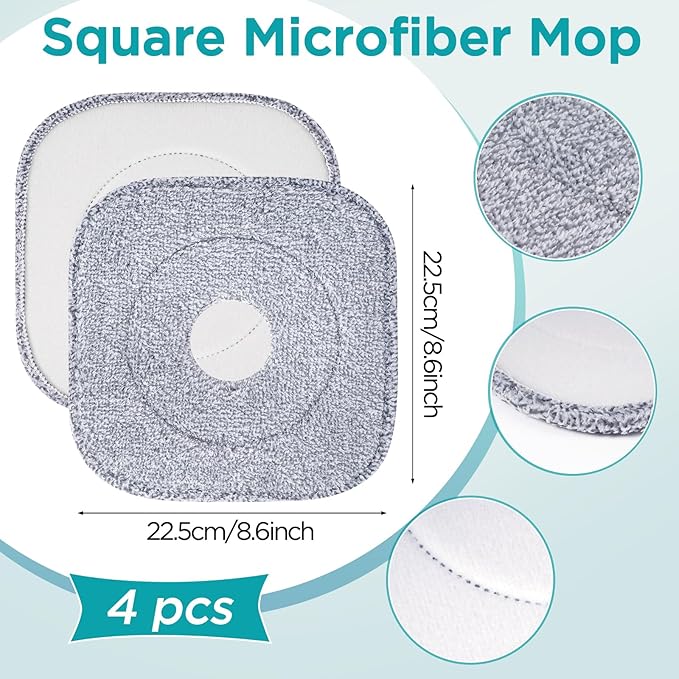 4 Pack 8.6" Square Microfiber Mop Pads Refills, Machine Washable, Highly Absorbent, Compatible with for True & Tidy Spin Mop and Most Square Spin Mops & Bucket