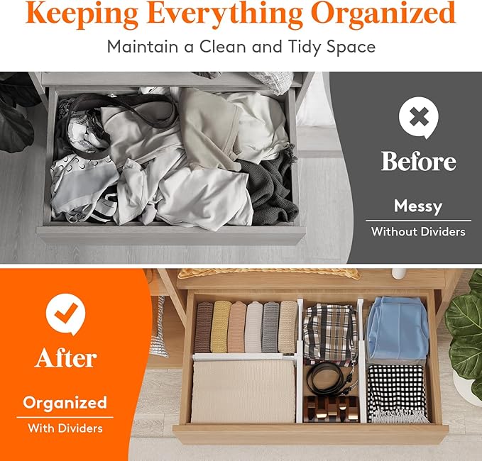 Lifewit 5 Pack 4" High Drawer Dividers 34-56cm/13.5-22" Adjustable Drawer Organizer for Clothes/Utensils, Expandable Drawer Separator in Dresser/Kitchen/Bedroom/Office Organization & Storage White