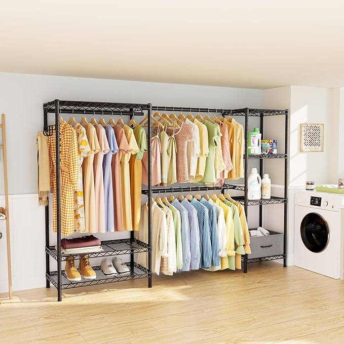 Golpart Coat Rack Clothes Wardrobe：Closet Organizer and Storage Clothing Garment Rack with Shelves Heavy Duty for Hanging Clothes Portable Adjustable Black 15.8" Dx(70-88.5)" Wx76.5 H