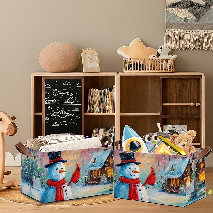 Snowman Christmas Storage Basket with Handles,Red Cardinal Collapsible Rectangle Organizer Bin for Room Decoration Books Box Baskets 17x11.5x10Inch