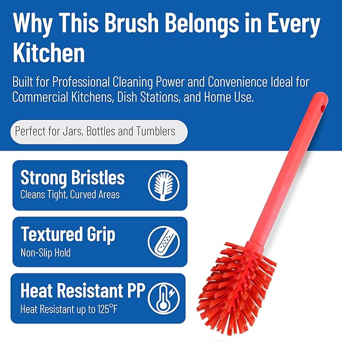 SPARTA Large Water Bottle Brush Ideal for Wide-Mouth Jars, Bottles and Tumblers, Dishwashing Tool with Handle for Home and Commercial Kitchens, Plastic, 12 Inches, Red, (Pack of 6)