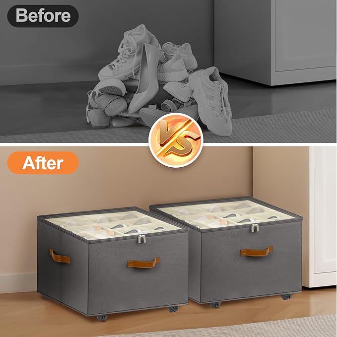 Foyego Shoe Organizer for Closet, 2 Pack Shoe Storage Organizer with Wheels and Adjustable Dividers, Stackable Shoe Storage Box with Clear Cover, Closet Shoe Organizer Fits up to 16-32 Pairs, Gray
