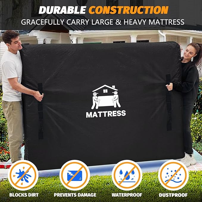 Mattress Bags for Moving, BETU Mattress Protector Waterproof Mattress Cover Full Size Storage Bags with 8 Heavy-Duty Handles and Zipper for Bed Extra Thick Large Reusable (77"x57"x15" Black)