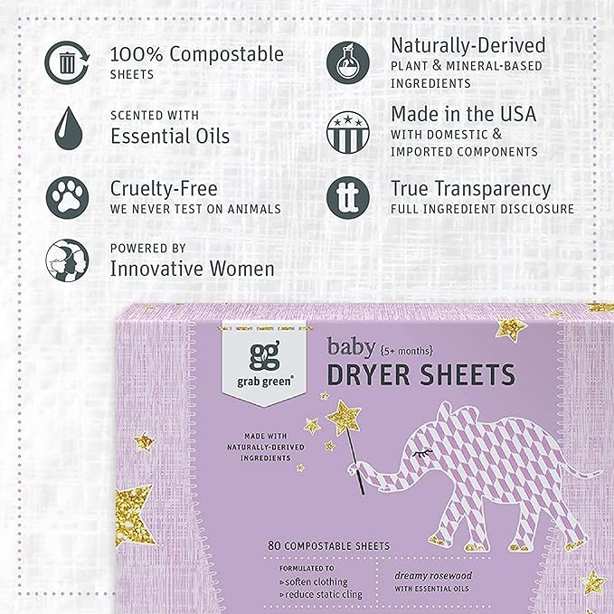 Grab Green Baby Laundry Dryer Sheets, 160 Sheets, Dreamy Rosewood Scent, Plant and Mineral Based, Compostable, Softens Clothing and Linens, Reduces Static Cling