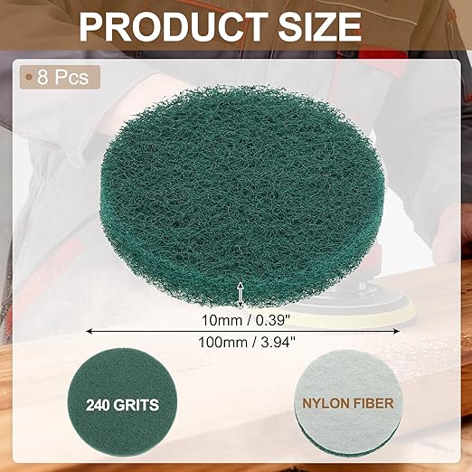 uxcell 8Pcs Scrubber Scouring Pad, 4 Inch 240 Grits Drill Power Brush Hoop and Loop Scrub Pads Discs Polishing Pad for Household Furniture Automotive Cleaning, Green