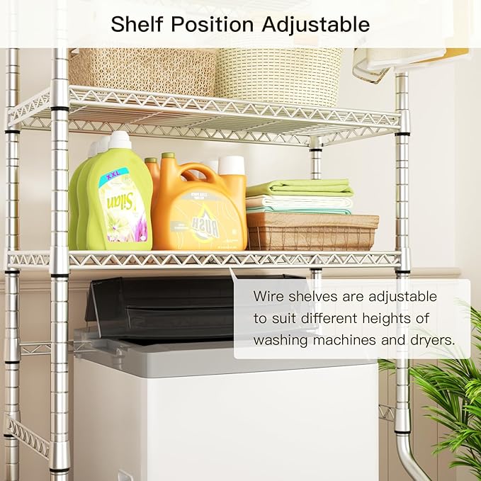 Ulif U11 Over Washer and Dryer Shelves, 3 Tiers Laundry Room Storage and Organizer Standing Shelf, Metal Freestanding Clothes Drying Rack, 33.9" W x 19.7" D x 77.6" H, Chrome