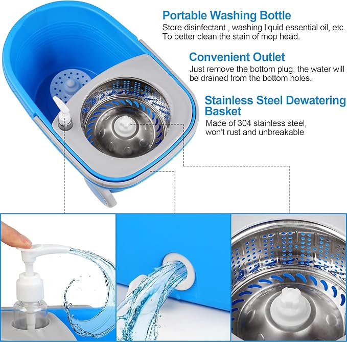 Spin Mop and Bucket with Wringer Set, 3 Washable Microfiber Pads Included for Floor Cleaning, Adjustable Stainless Steel Handle, Easy Moving with Wheels, Blue