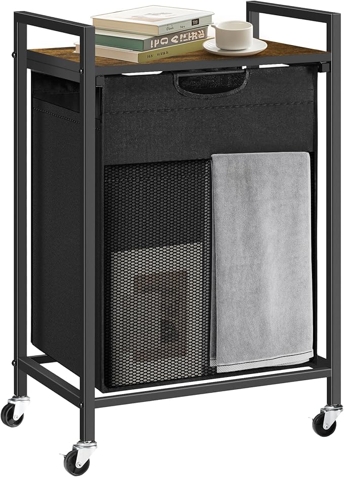 Laundry Hamper with Shelf, Laundry Basket with 1 Large Pull-Out Removable Bags, 1 x 18.3 Gallons(69L), Metal Frame, Lockable Wheels, for Laundry Room and Bedroom