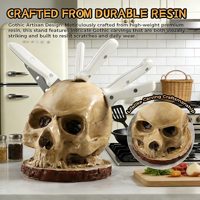 Skull Knife Holder for Kitchen Storage, Funny Skeleton Knife Holder, Creative Horror Kitchen Storage Head Rack, Skeleton Knife Stand for a Scary Party, Unique Fruit Storage Rack Decoration