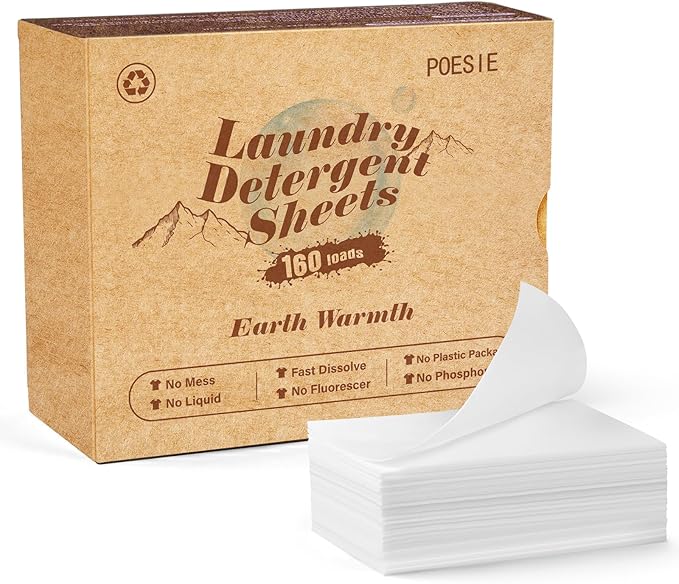 Poesie Laundry Detergent Sheets Earth Warmth Scent 160 Count Road Trip College Dorm Essentials for Travel Washing Sheets Detergent Liquidless Portable No Messy Laundry Strips