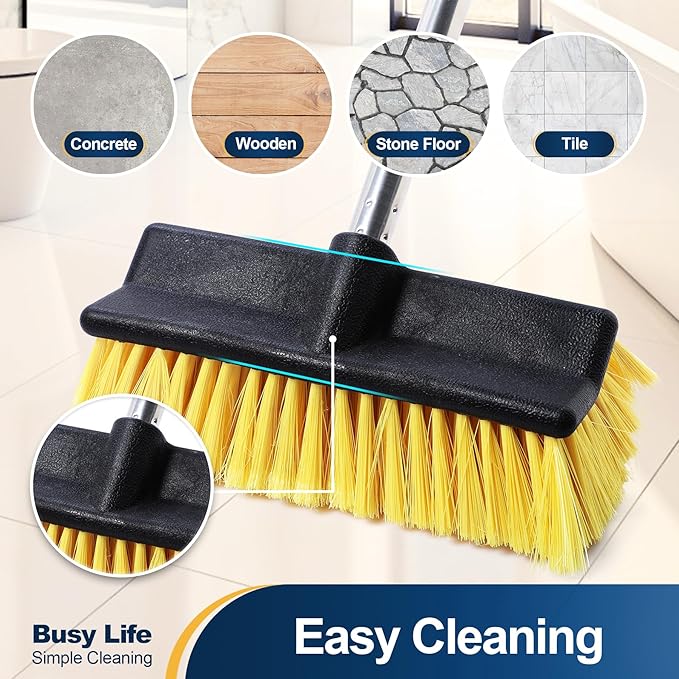 Yocada Deck Brush with 4-Section Extendable Handle Floor Scrub Brush Soft &Medium Bristles Non-Slip Grip for Outdoor Deck Patio Bathroom Garage Concrete Cleaning 53.89 Inch